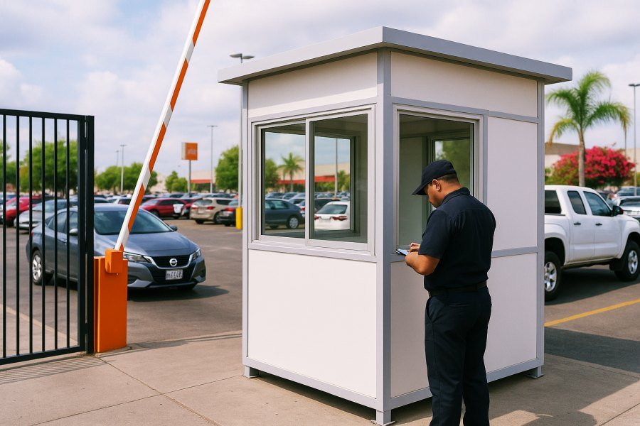 Caseta de control de acceso vehicular con guardia y pluma automática